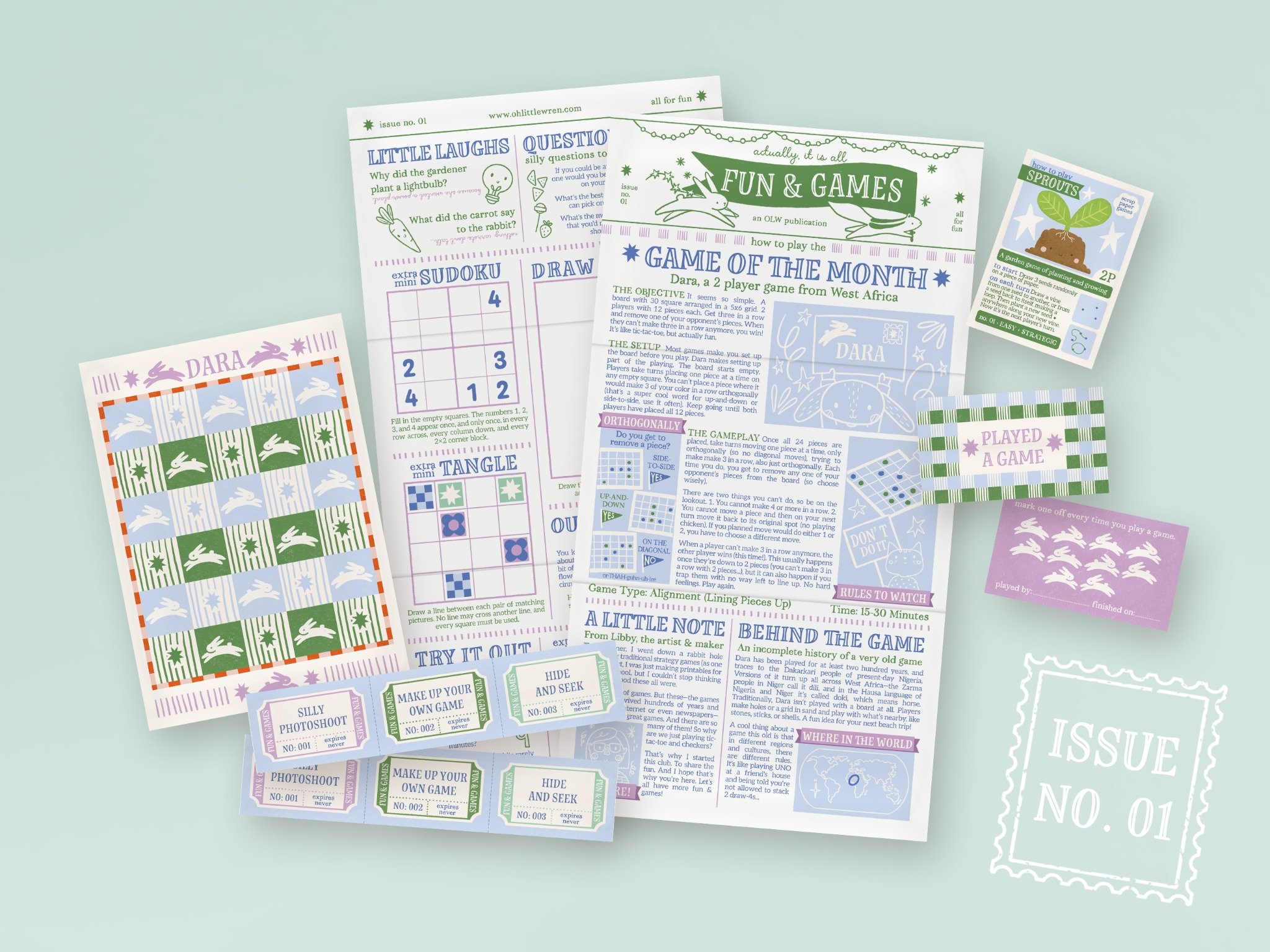 A colorful illustrated card, sticker sheet, and postage from Oh Little Wren’s Issue No. 01 back issue